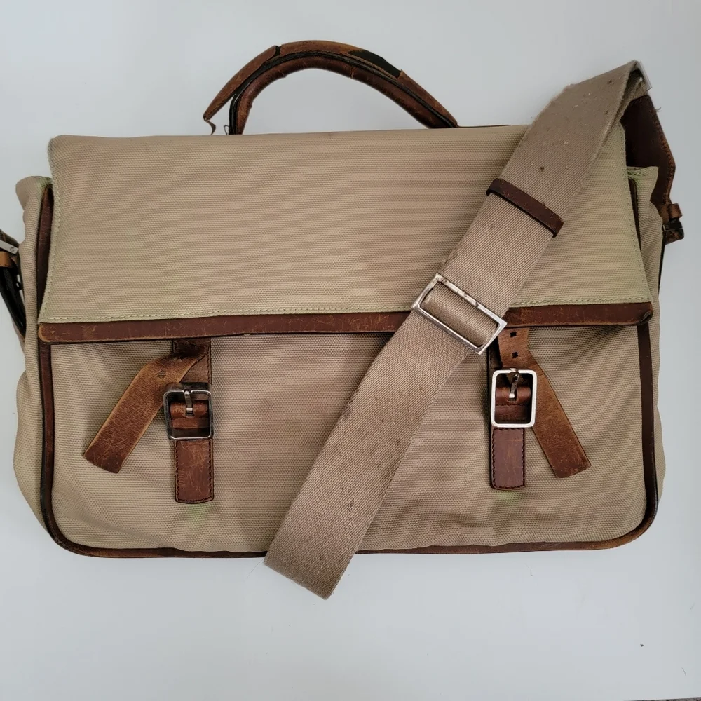 Vintage Bally Laptop Soft Briefcase Beige Nylon Brown Leather Messenger Bag